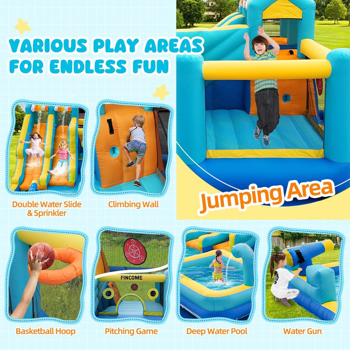 Inflatable Bounce House, 10 in 1 Double Water Slide Bounce House with 750W Blower, Climbing Wall, Jumping, Water Gun, Splash Pool, Basketball Hoop for Kids Indoor Outdoor Backyard