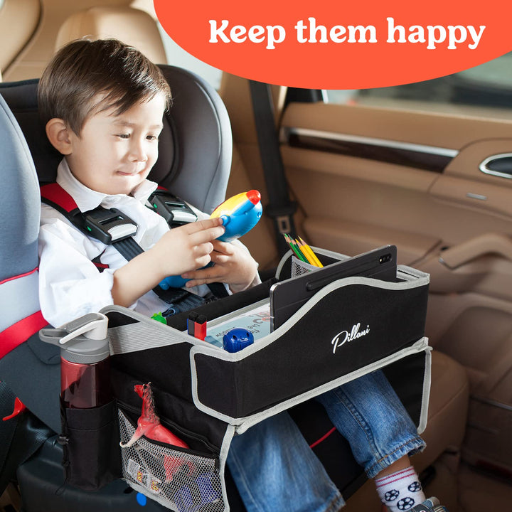 Kids Travel Tray for Car - Car Seat Tray for Kids Travel, Road Trip Essentials - Carseat Table for Roadtrip Activities - Must Have Toddler Lap Desk Organizer for Airplane - Car Accessories