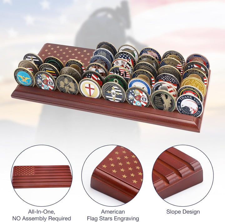 6-Row Challenge Coin Display with United States Flag, Challenge Coin Holder Made of 100% Solid Wood