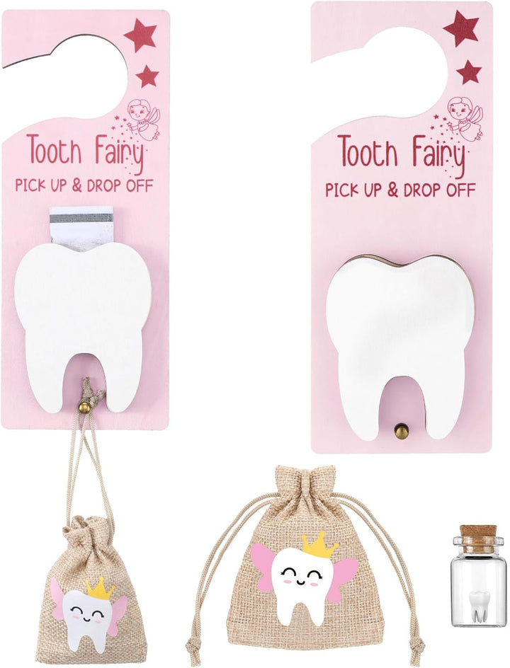 Tooth Fairy Holder Bag Hanger with Money Slot Keepsake Bottle Velvet Pouch Tooth Fairy Box Encourage Gift for Lost Teeth Boy Girl Milk(Classic,Pink)