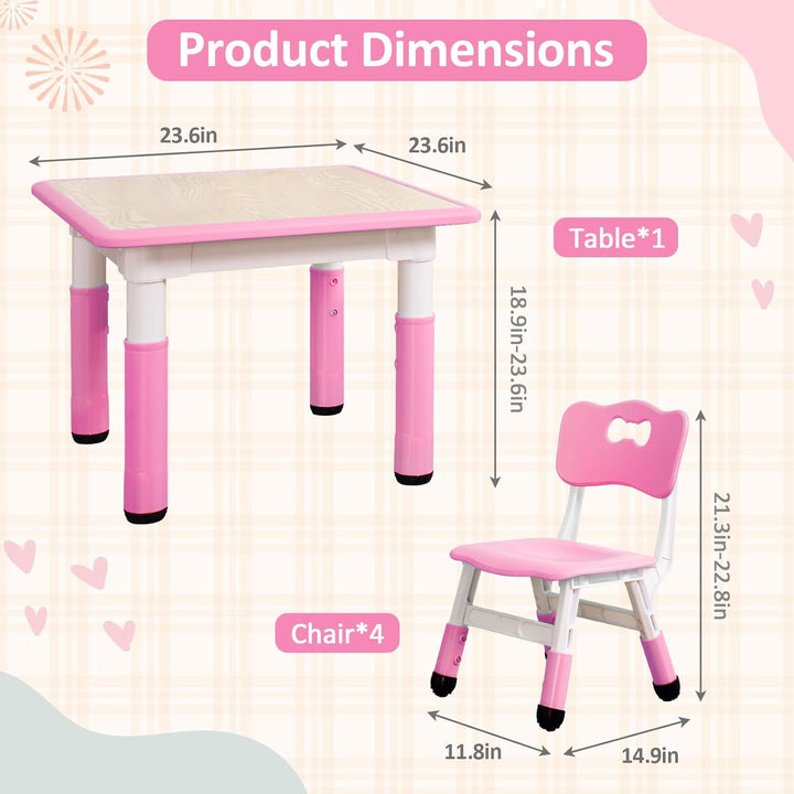 Modern Kids Table and 4 Chair Set,23" Height Adjustable Toddler Table and 4 Chairs with Non-Slip Desk Legs&Organizer Graffiti Desktop,Multi-Function Tables for Kindergarten/Living Room(Pink