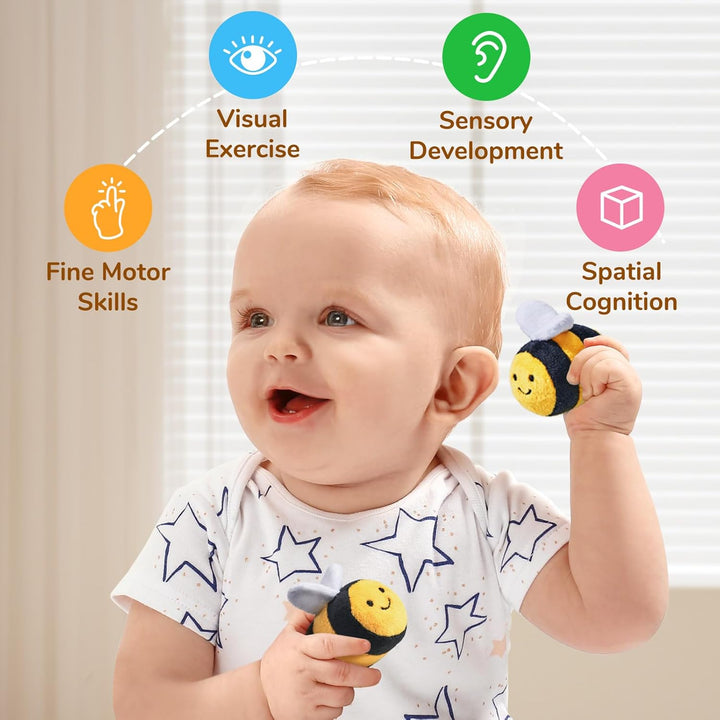 Baby Toys 6-12 Months - Soft Baby Beehive with 5 Sensory Bees - Rattle, Crinkle Paper, Squeaker, Mirror, Busy Montessori Soft Toys for Toddlers 0-3 Years Old - Bee Plush Boy Girl Birthday Gift