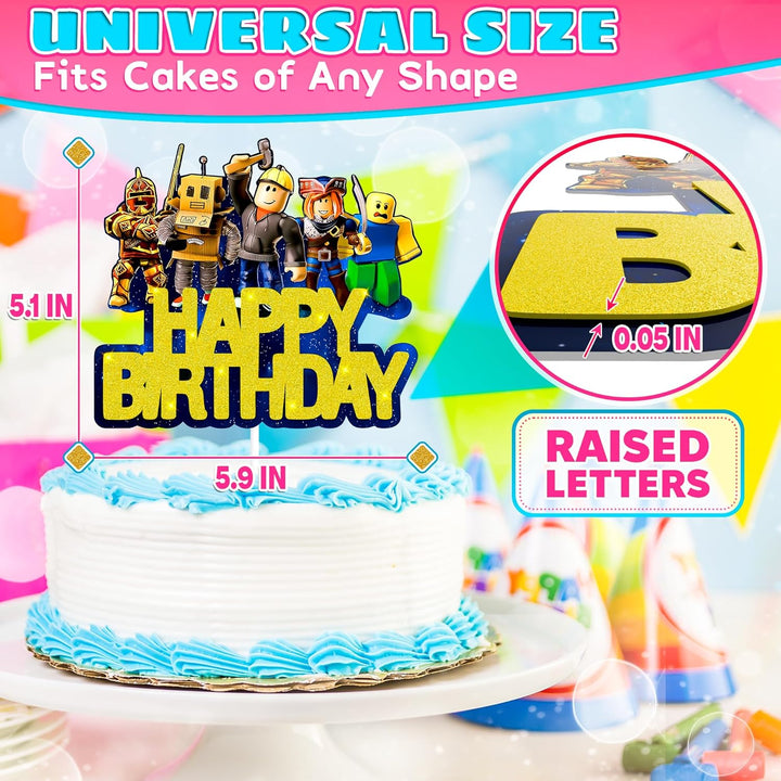 Video Game Cake Topper Decorations - Vibrant Glitter Cardboard Gamer Cake Topper, Eye-Catching Design, Firm Installation & Easy Adjusting, Sturdy Plastic Stick - Birthday Decorations for Boys & Girls