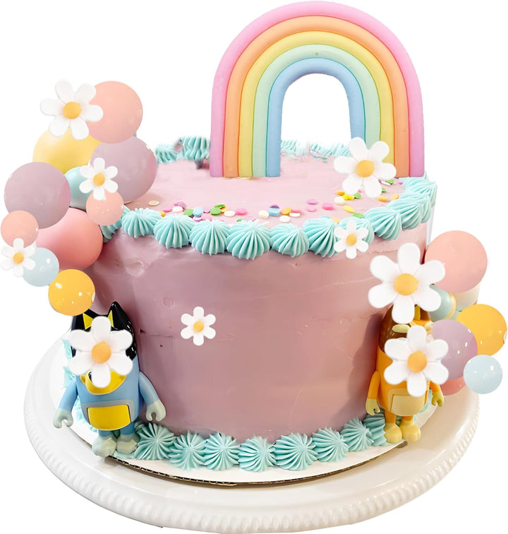 Boho Cake Topper,  26Pcs Rainbow Cake Topper for Hippie Themed Daisy Flowrs Blue Dog Cake Toppers Pastel Ball Cake Decorations for Bohemian Groovy Hippie Wedding Party Supplies