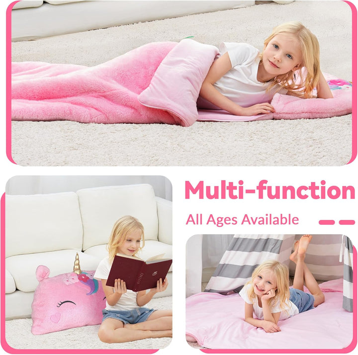 Kids Unicorn Sleeping Bag, Toddler Girl Nap Mat, Plush Animal Slumber Bag 2 in 1 Pink Pillow Daycare Preschool Kindergarten Birthday Gift Travel Sleepover 3 4 5 6 7 8 10 12 Yr Child Teen
