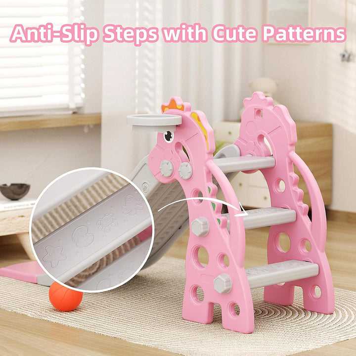 Toddler Slide for Indoor & Outdoor Play with Basketball Hoop, Anti-Slip Steps, 46.8In Baby Climber (Pink)