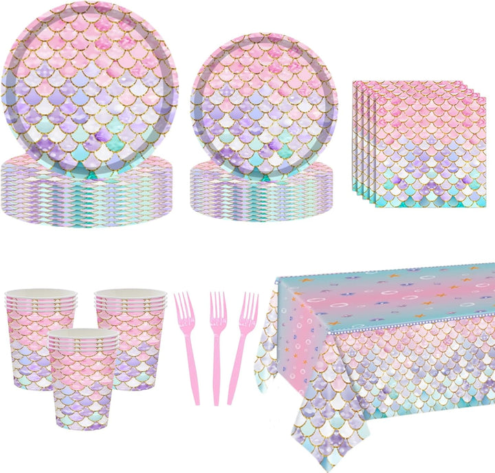 96 Pcs Mermaid Birthday Party Supplies Plates and Napkins Set for 24 Guests, Little Mermaid Party Decorations Ocean under the Sea Party Tableware Plate, Fork, Napkins for Princess Girls