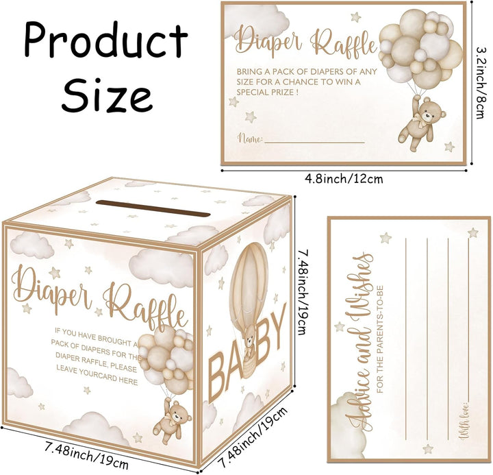 51 Pcs Bear Diaper Raffle Tickets with Diaper Raffle Card Box for Baby Shower Supplies, Brown Bear Themed Insert Card, Advice and Wishes Insert Ticket