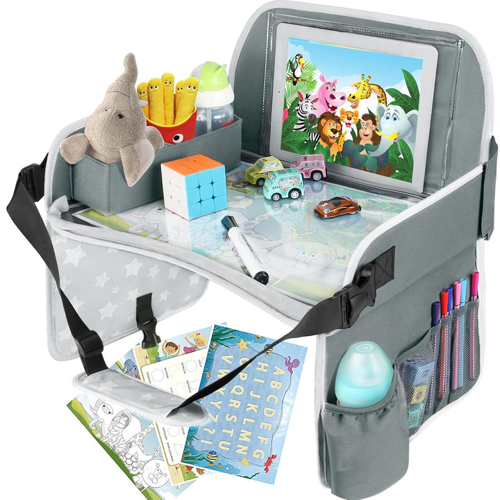 Kids Travel Tray for Toddler Car Seat, Lap Tray for Girl Activities with Dry Erase Board & Cooler Cup Holder, Road Trip Essentials Accessories with No-Drop Large Tablet Ipad Holder Stand,Pink