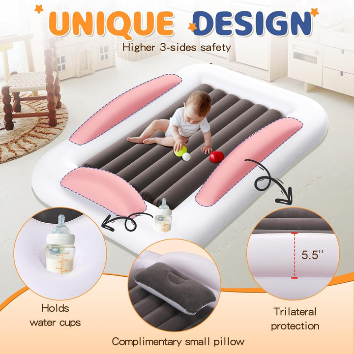 Inflatable Toddler Travel Bed - Portable Toddler Kids Travel Bed with Safety Sides Complete Kids Air Mattress Set with High-Speed Pump, Ideal for Vacation Camping and Sleepover (60 Inches)