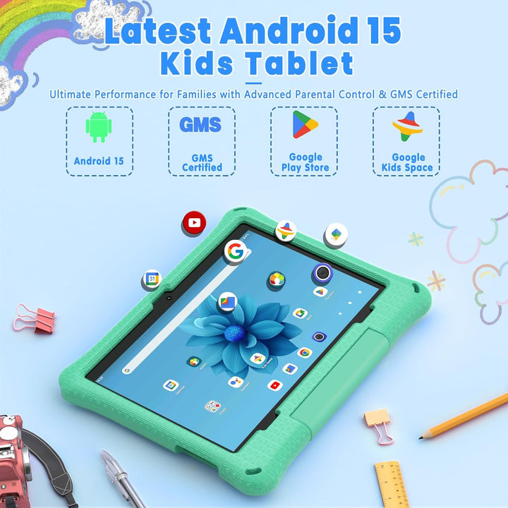 Kids Tablet, 10.1 Inch Android 15 Tablet for Kids, 12GB+64GB, Octa-Core, 6000Mah Battery, Wifi 6, Pre-Installed Kids Apps, Parental Control, with EVA Protective Case – Ideal Gift for Toddler (Green)