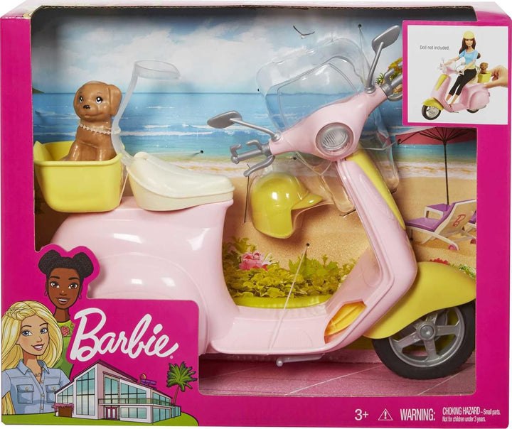 Toy Scooter with Puppy & Helmet Accessory, Pink & Yellow Moped with Basket, Kickstand & Seat Clip for Doll