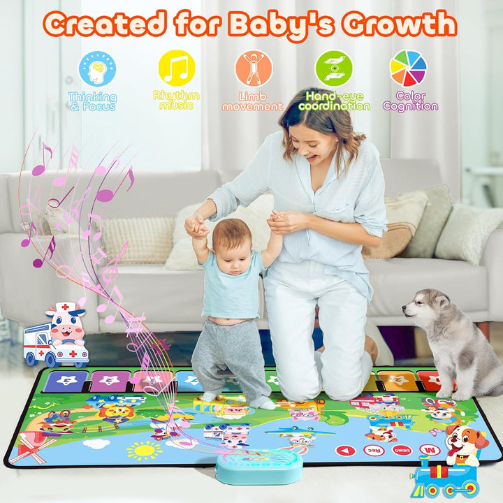 Piano Music Mat with 80 Sounds, Large Animal Car Touch Blanket Playmat Carpet Musical Toddlers Toys 1-3, Floor Keyboard Dance Sensory Educational Mat Boys Girls Gifts for 1 2 3 4 5 Years Old