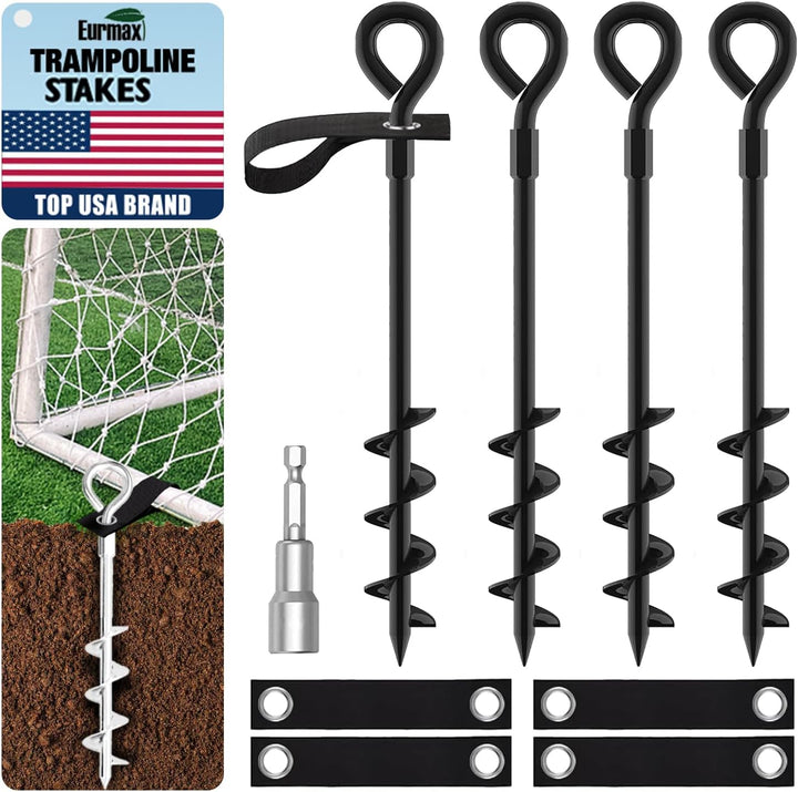 USA Trampoline Stakes Heavy Duty Trampoline Parts Corkscrew Shape Steel Stakes Anchor Kit with T Hook for Trampolines -Set of 4 Bonus 4 Strong Belt,Black