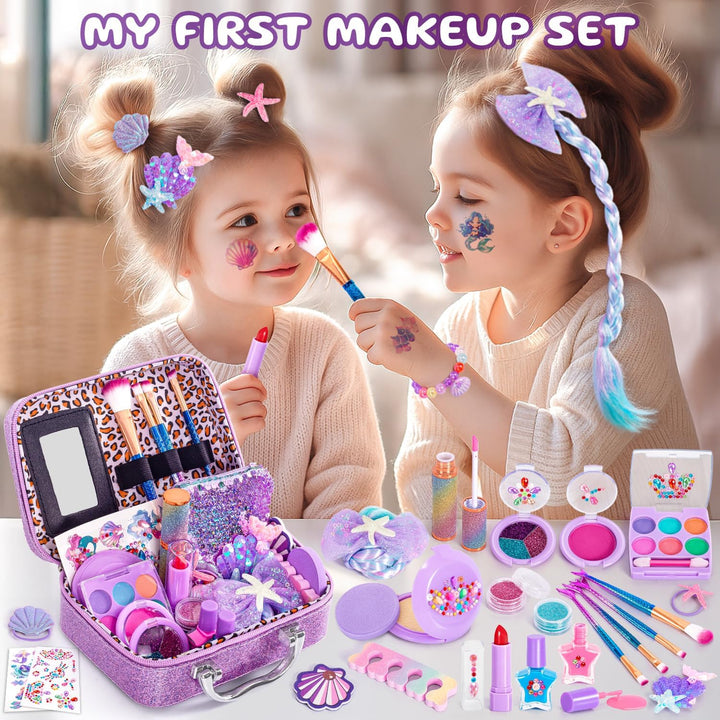 Kids Makeup for Toddlers Toys, Washable Make up Set Non-Toxic Mermaid Toys for Girls Purse, Princess Pretend Play Hair & Nail Polish Accessories, Christmas Birthday Gift Toys for Girls 3+