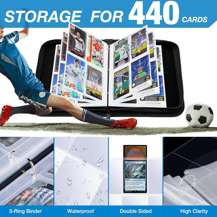 Soccer Card Binder, 2024-2025 Soccer Trading Cards Binder with Wristband, 440 Double Sided Pockets Sleeves PU Card Albums Fit for Sports Cards for Collectors Boys and Girls Fans Gift
