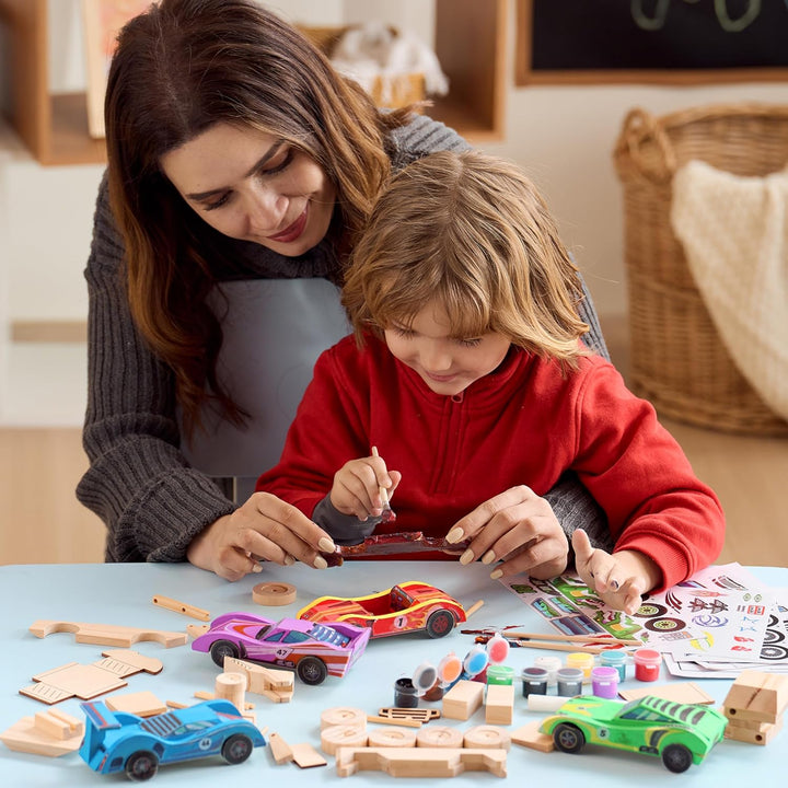 4 DIY Wooden Race Cars-Build & Paint Your Own Wood Craft Kit, 4 Race Cars Toy, Easy to Assemble Arts Crafts Kit, Birthday Party Presents for Kids Boys and Girls