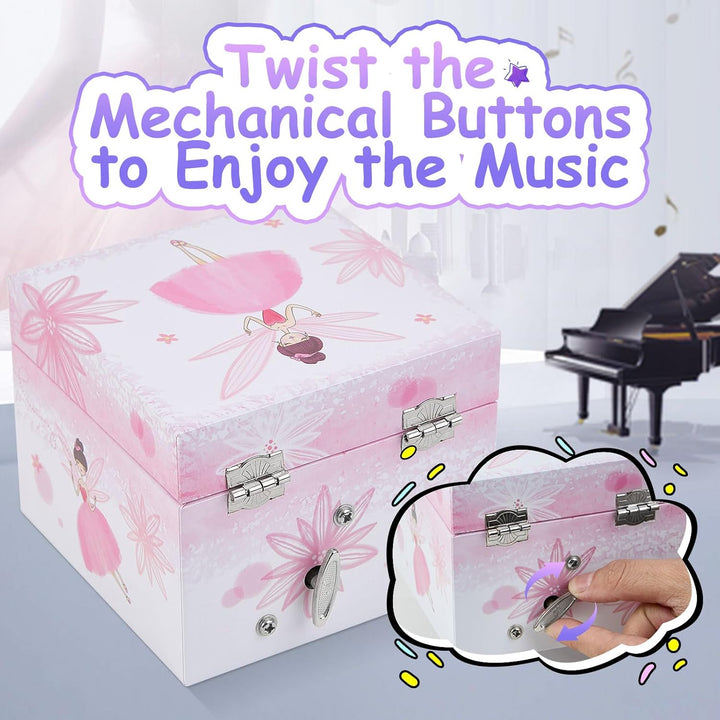 Girls Musical Jewelry Box with Drawer and Spinning Ballerina,Fairy Disign Kids Music Box for Little Girls Gifts Jewel Storage for Kids Ages 3-10