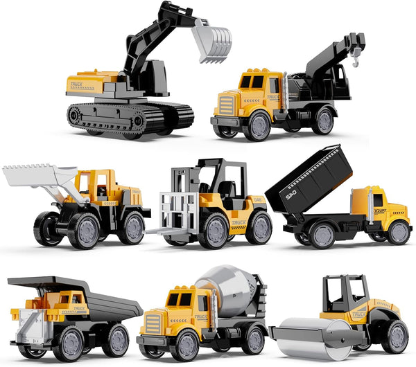 Alloy Mini Construction Vehicles, 8Pcs Die-Cast Construction Toys Set, Excavators Mixer Truck Bulldozers Forklift Dump Truck, Pull Back Car Toys for Toddlers Kids Boys & Girls