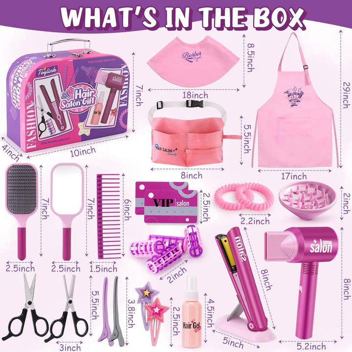 Hair Salon Pretend Play Toys for Girls 3 4 5 6 Year Old, Makeup Playset Toddler Dress up Beauty Hair Stylist Kit with Hairdryer Straightener Apron Portable Box, Birthday Gifts for Girls 4-6
