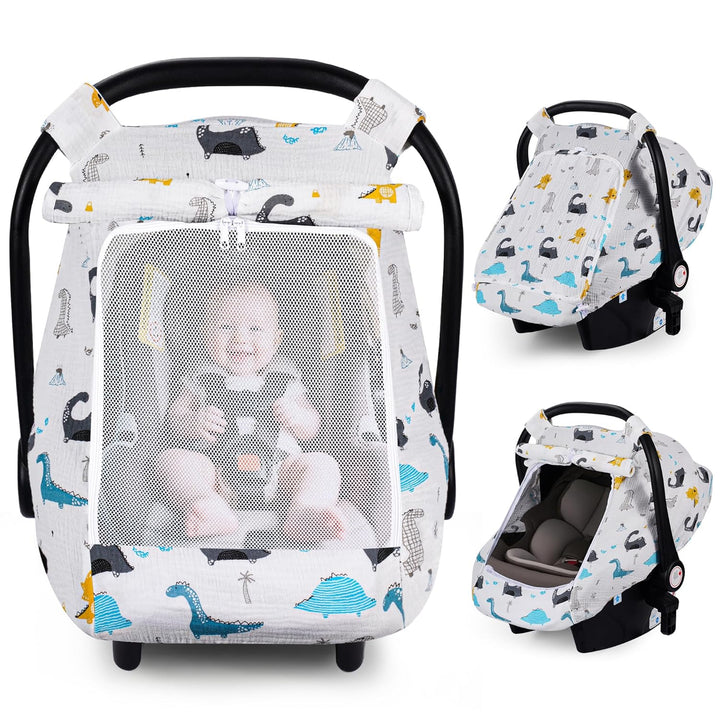 Car Seat Cover Baby, Carseat Covers Girl Boy, Breathable Muslin Cotton, Large Mesh Window, Infant Car Seat Canopy Baby Carrier Cover Stroller Sun Shade for Summer & Hot Day, Grey