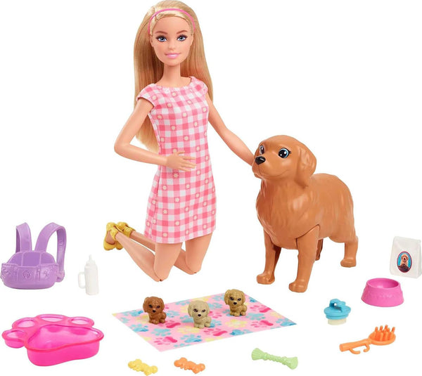 Doll & Pets Set, Blonde with Mommy Dog, 3 Newborn Puppies with Color-Change Feature & Pet Accessories