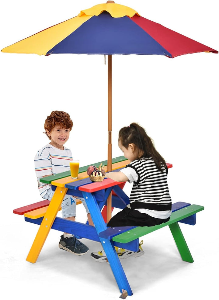 Kids Picnic Table, Outdoor Toddler Wooden Table and Chair Set with Removable Umbrella, Children Activity Furniture Bench Set for Patio Garden Backyard