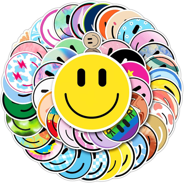 50PCS Smiling Stickers, Cute Water Bottle Stickers for Kids, for Teaching Rewards, Notebooks, Stationery, Luggage, Cartoon PVC Happy Stickers