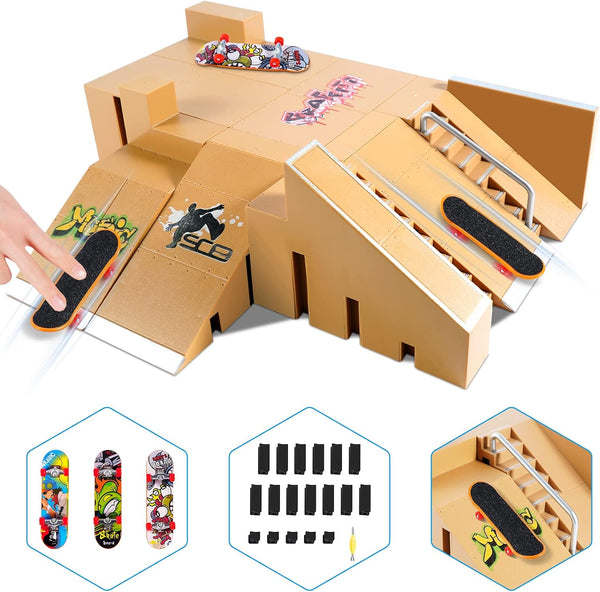 Fingerboard Skate Park Kit,Skateboard Finger Toys with 3 Finger Skateboards & 8 Skatepark Deck Ramp for Boys or Girls Gift, Mini Finger Board Skate Training for Kids Ages 5 and Up