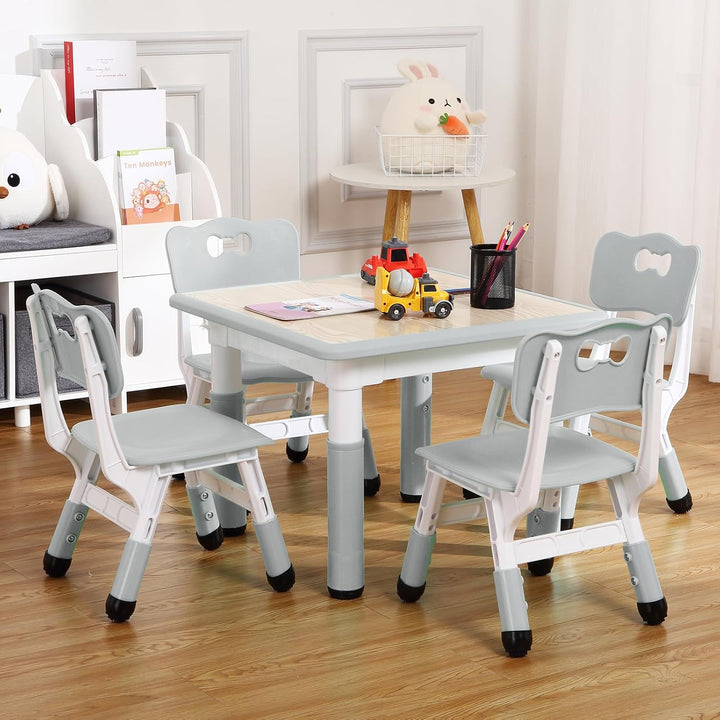 Modern Kids Table and 4 Chair Set,23" Height Adjustable Toddler Table and 4 Chairs with Non-Slip Desk Legs&Organizer Graffiti Desktop,Multi-Function Tables for Kindergarten/Living Room(Pink