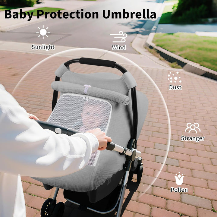 Car Seat Cover Baby, Carseat Covers Girl Boy, Breathable Muslin Cotton, Large Mesh Window, Infant Car Seat Canopy Baby Carrier Cover Stroller Sun Shade for Summer & Hot Day, Grey