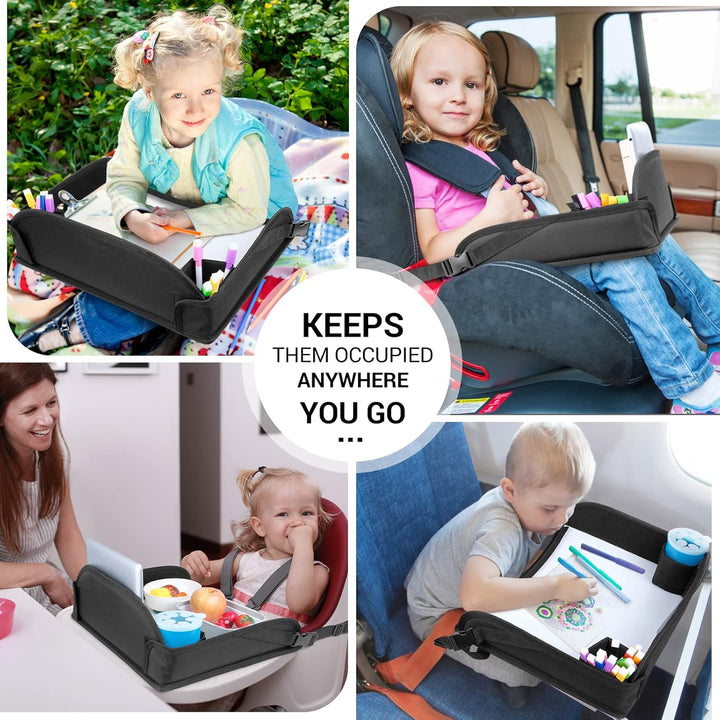 Kids Travel Tray for Toddler Car Seat, Travel Tray for Airplane, Toddler Car Seat Lap Tray, Carseat Table Tray for Kids Travel Activities (Black-1)