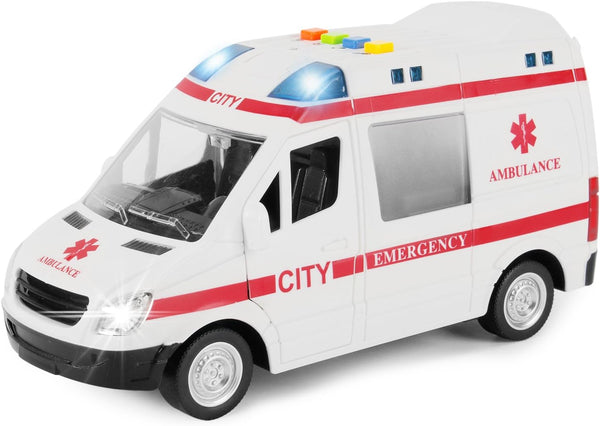 Ambulance Toy Car with LED Lights & Siren Sound Effects - Friction Powered Wheels Plastic Rescue Vehicle Toy for Kids & Toddlers