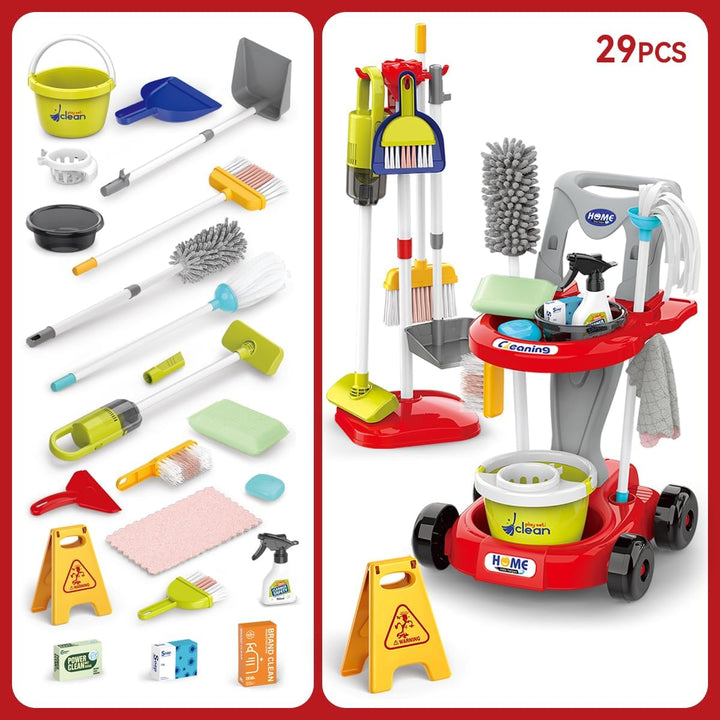 Toddler Cleaning Set，Kids Cleaning Toy Set，New 29-Piece Detachable Kids Cleaning Set for Toddlers - Pretend Play Educational Cleaning Carts (Red)