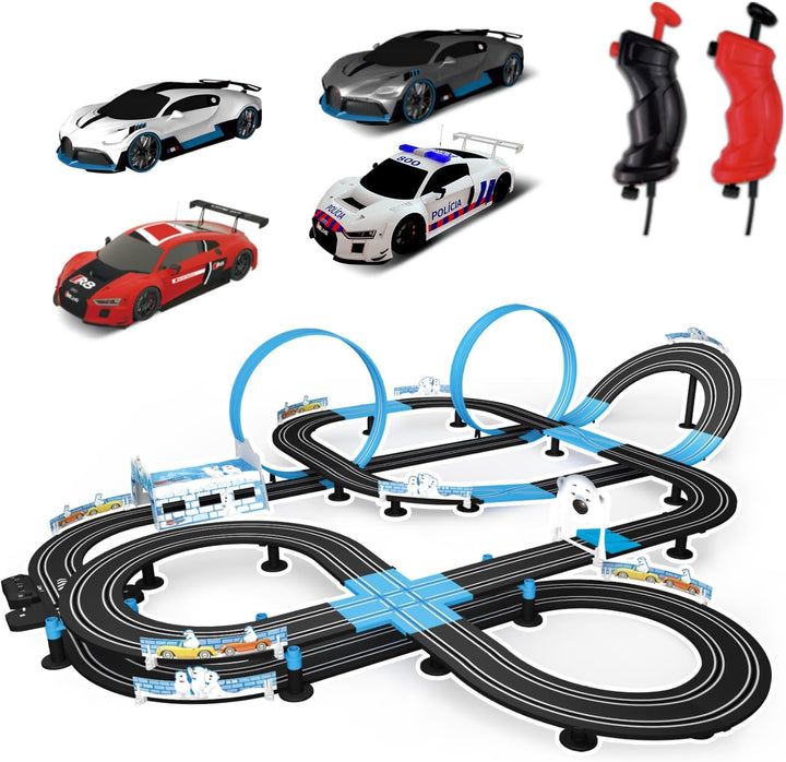 Slot Car Race Track Set, High Speed Series Tram Dual Track Set with 4 Licensed Racing Slot Cars, 2 Hand Controls, Track Parts and Lap Counter, 5.7M Long Track, Black