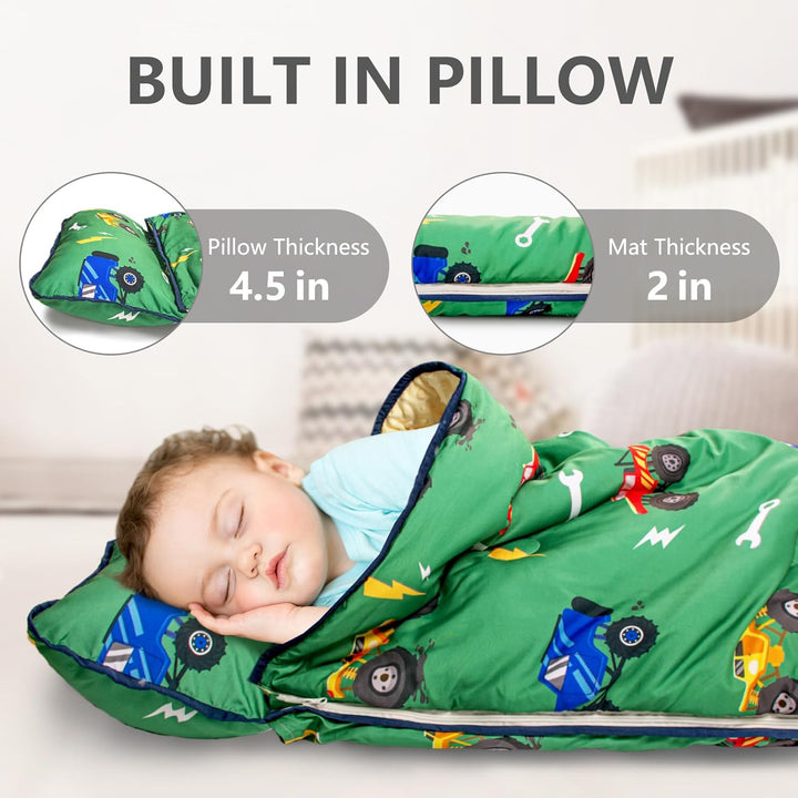 Toddler Nap Mat Extra Large Thickened 55''X35'', Soft Sleeping Bag with Detachable Minky Blanket and Pillow, Portable for Daycare, Preschool, Kindergarten, Travel, Boys and Girls