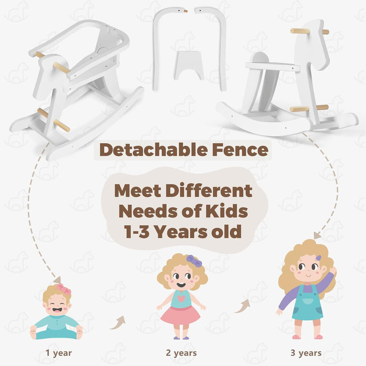 - Wooden Rocking Horse, Baby Wooden Ride on Toys for 12M+, White Rocker Toy with Removable Fence, Toddler Riding Toy Indoor/Outdoor, Nursery Birthday Gift