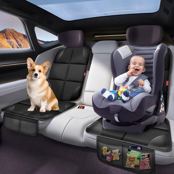 Car Seat Protector, Carseat Seat Protectors with Thick Padding and Upgraded Non-Slip Backing, Waterproof Seat Protector under Baby Car Seat, 600D Fabric Car Seat Covers with Storage Pockets for Baby