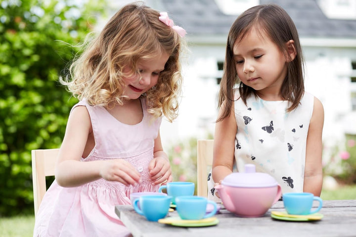 Tea Set, Pink 4C - 17 Piece Pretend Play, Motor Skills, Language & Communication Kids Role Play Toy. No BPA, Phthalates, PVC. Dishwasher Safe, Recycled Plastic, Made in USA.