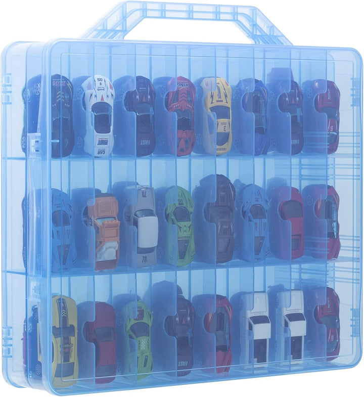 Double Sided Storage Case for 48 Toy Cars, Matchbox Cars, Portable Transparent Storage Case with 48 Compartments, Case Only (Transparent)…
