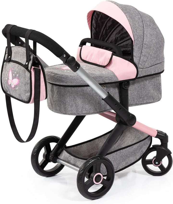 : Pram Xeo: Butterfly Grey & Pink - Matching Handbag, Adjustable Handle, for Dolls up to 20", Ages 3+ | Dress Up