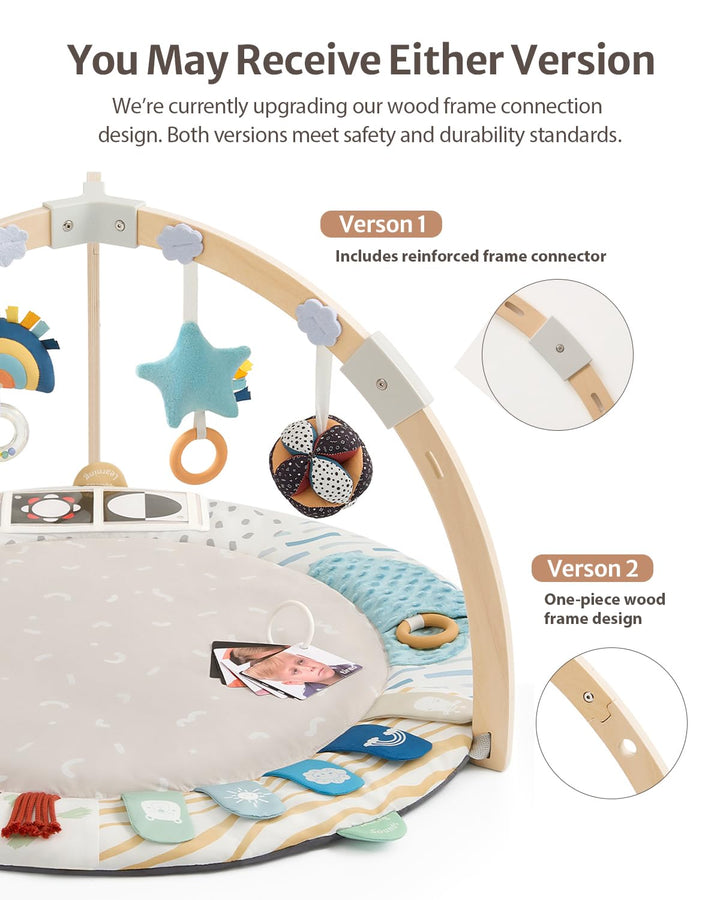 Baby Play Gym & Activity Mat, 5 Developmental Zones Wooden Tummy Time Mat with 5 Detachable Sensory Toys for Motor Skills & Sensory Development, Baby Essentials Shower Gift