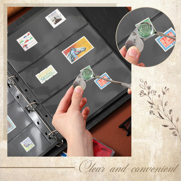 Stamp Collecting Albums Set Stamp Collection Book Include 20 Pages Album Binder Tweezer and Loop Magnifier Collecting Supplies for Collectors(Black,1/2/3/4 Rows)