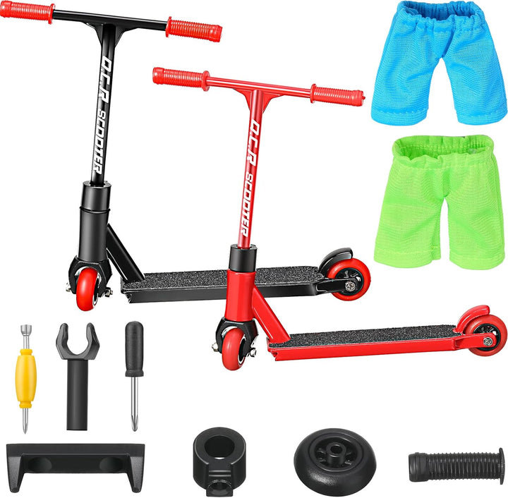 22 Pcs/ 2 Sets Finger Scooter Toy Mini Scooters Finger Board Accessories with Pants and Tools, Alloy Interactive Toys for Skateboarder(Red, Black)