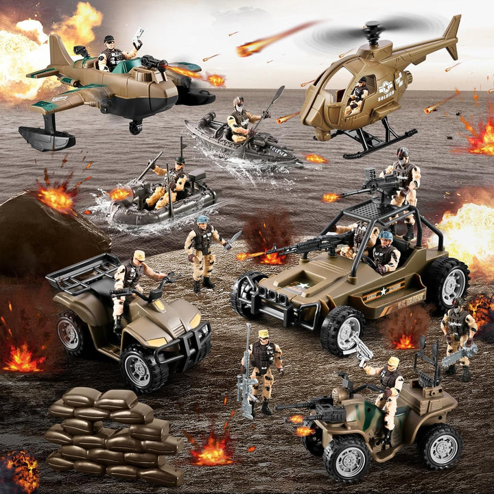 78-In-1 Army Men Sets Toys with Realistic Military Truck/Helicopter/Kayak Boat/Motorcycle/Army Men Action Figures/Weapon Gears, Army Toys Gift for Boys Kids 4-7 6-8 8-14 Fun Birthday Party Favors