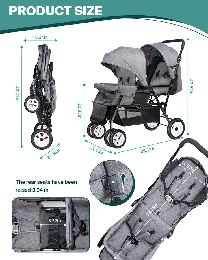 Double Stroller for Infant Toddler, Foldable Double Baby Stroller with Tandem Seating and Adjustable Backrest - Extra Gift Toys/Mosquito Net/Sleeping Mats/ 2 Hooks/ 2 Cotton Pads（Grey）