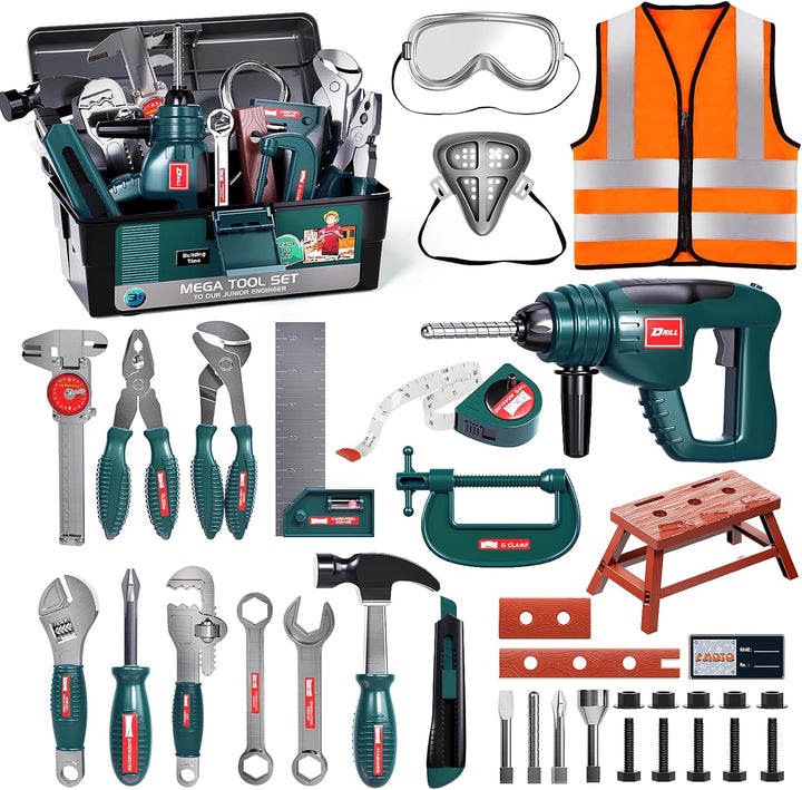 Tool Set with Tool Box & Electronic Toy Drill, Pretend Play Kids Construction Kits for Kids Ages 3-5 Years Old, Toddler Boy Toys(Orange)