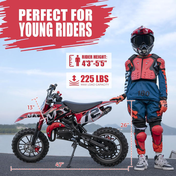 49CC Gas Dirt Bike for Kids 24 MPH Max Speed, Front/Rear Disc Brakes, Dual Suspension, Easy Pull Start - Mini Off-Road Motorcycle, with Armor 250 LBS Capacity Red