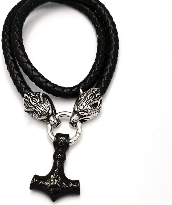 Stainless Steel Wolf Head Leather Chain Thor'S Hammer Pendant Men'S Necklace(Style 3 Gold,80Cm)