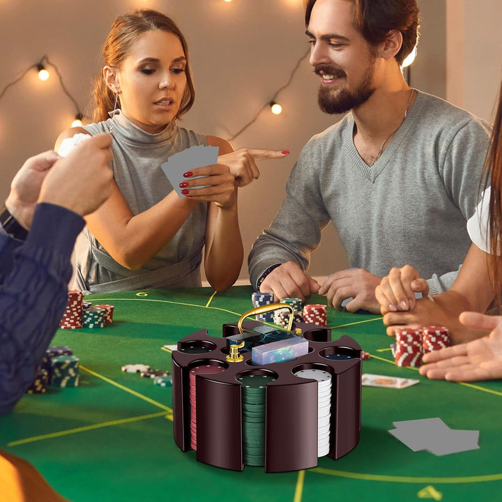Poker Chips Poker Set, 200 Count Rotating Chip Case Wood Carousel Case Holder with 200 Pcs Chips and 2 Decks of Playing Cards for Casino Party Supplies Family Game Accessory